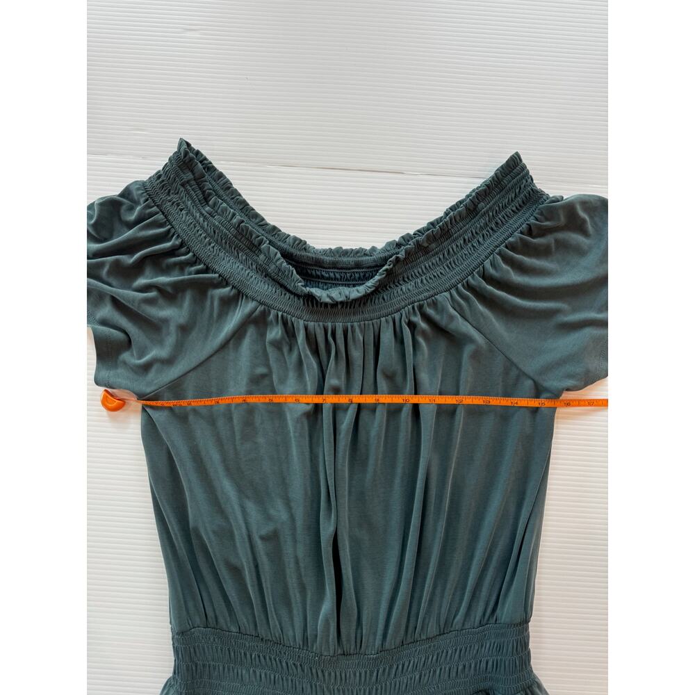 Anthropologie Rebecca Smocked Wide Leg Jumpsuit Teal Women’s Medium Off Shoulder - Picture 12 of 16